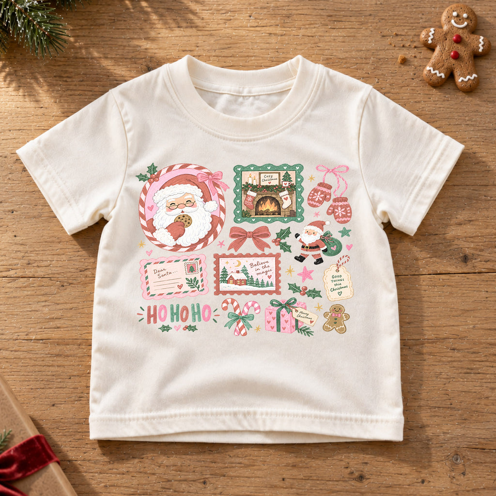 Cozy Christmas Kids Shirt, Santa Cookie Holiday T Shirt, Pink Christmas Collage Tee, Cute Festive Xmas Gift for Kids — product view 6