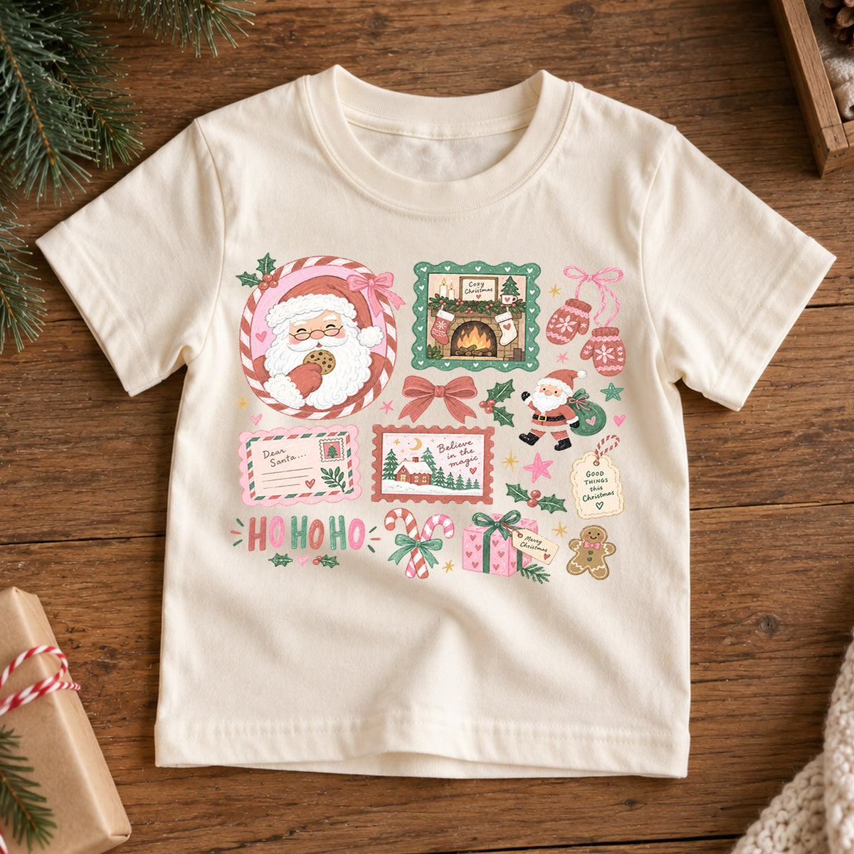 Cozy Christmas Kids Shirt, Santa Cookie Holiday T Shirt, Pink Christmas Collage Tee, Cute Festive Xmas Gift for Kids — product view 7