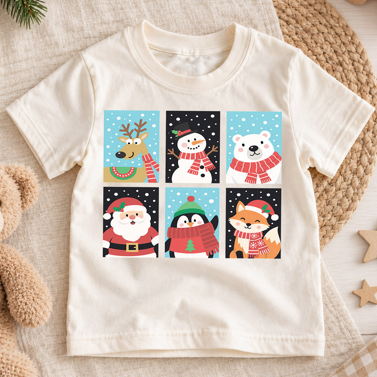 Christmas Animals Kids Shirt, Reindeer Snowman Polar Bear Santa Penguin Fox Tee, Cute Winter Holiday T Shirt for Kids — product view 1