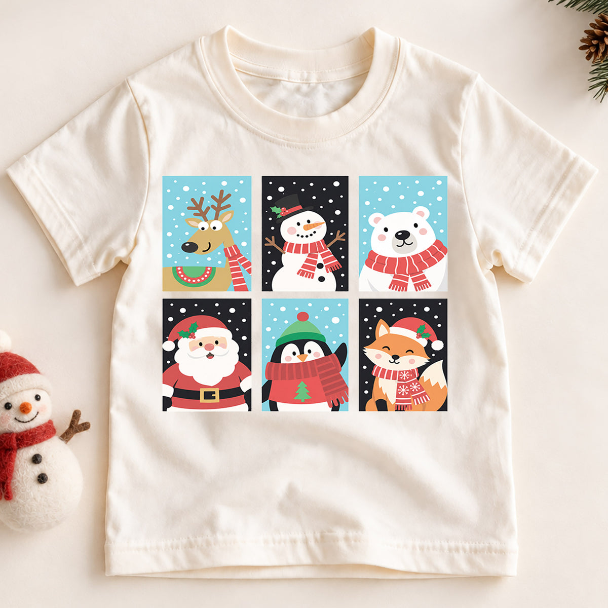 Christmas Animals Kids Shirt, Reindeer Snowman Polar Bear Santa Penguin Fox Tee, Cute Winter Holiday T Shirt for Kids — product view 2