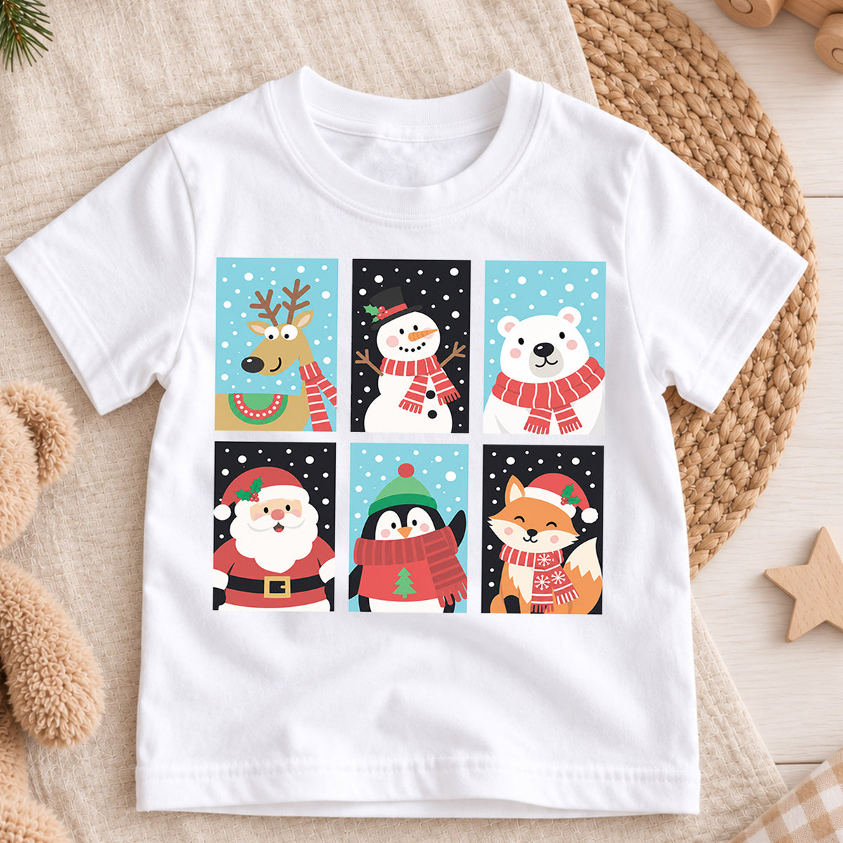 Christmas Animals Kids Shirt, Reindeer Snowman Polar Bear Santa Penguin Fox Tee, Cute Winter Holiday T Shirt for Kids — product view 3