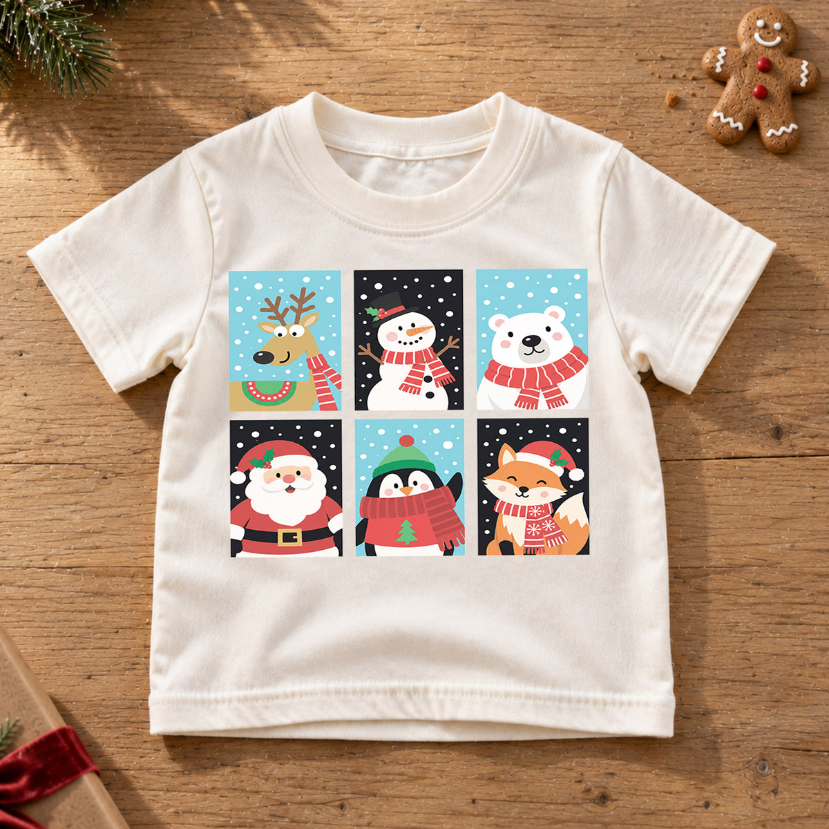 Christmas Animals Kids Shirt, Reindeer Snowman Polar Bear Santa Penguin Fox Tee, Cute Winter Holiday T Shirt for Kids — product view 6