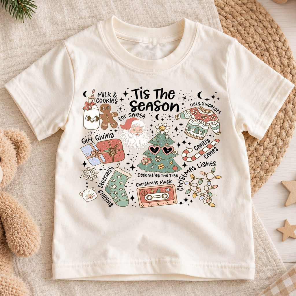 Tis the Season Kids Christmas Shirt, Santa Holiday Traditions Tee, Retro Christmas Collage Shirt for Kids, Cute Festive Holiday Outfit — product view 1