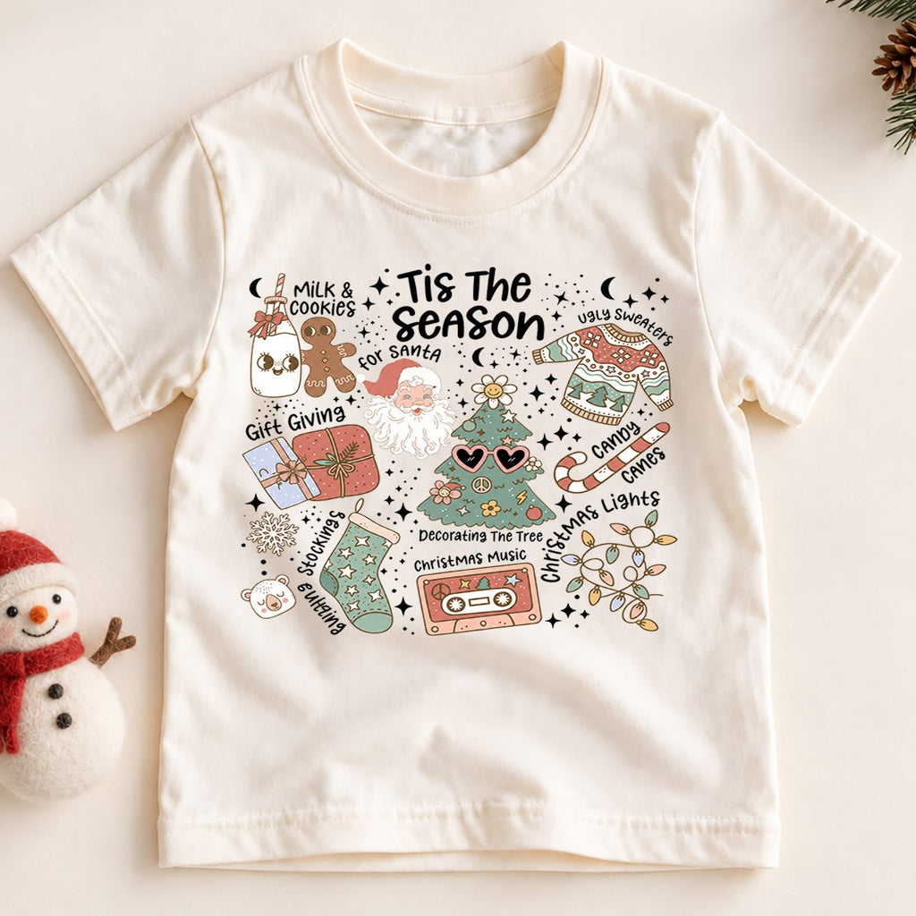 Tis the Season Kids Christmas Shirt, Santa Holiday Traditions Tee, Retro Christmas Collage Shirt for Kids, Cute Festive Holiday Outfit — product view 2