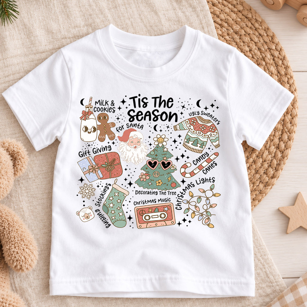 Tis the Season Kids Christmas Shirt, Santa Holiday Traditions Tee, Retro Christmas Collage Shirt for Kids, Cute Festive Holiday Outfit — product view 3