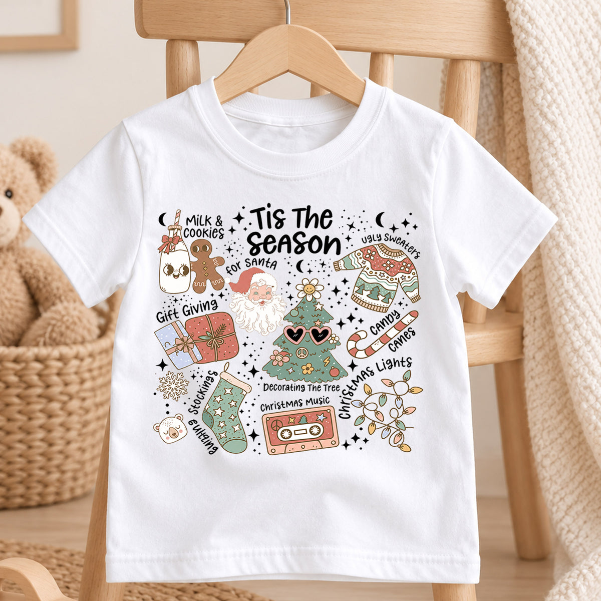 Tis the Season Kids Christmas Shirt, Santa Holiday Traditions Tee, Retro Christmas Collage Shirt for Kids, Cute Festive Holiday Outfit — product view 4