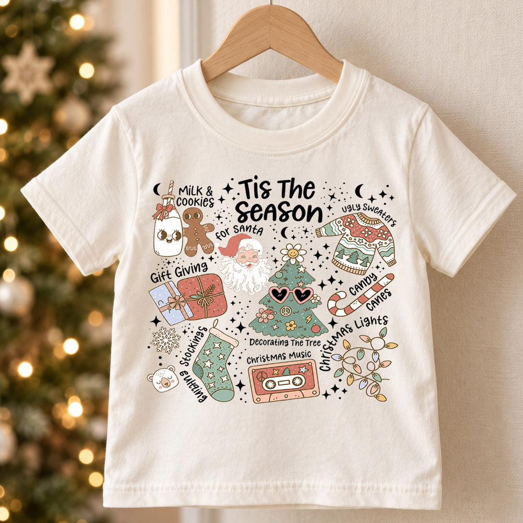 Tis the Season Kids Christmas Shirt, Santa Holiday Traditions Tee, Retro Christmas Collage Shirt for Kids, Cute Festive Holiday Outfit — product view 5