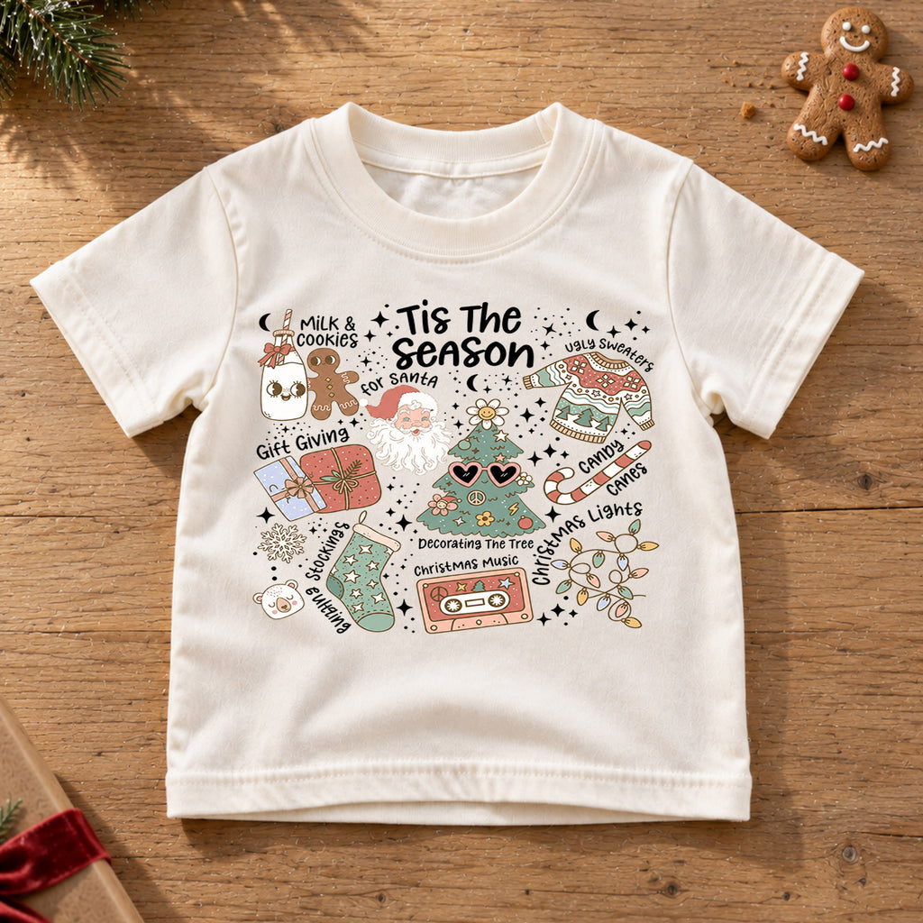 Tis the Season Kids Christmas Shirt, Santa Holiday Traditions Tee, Retro Christmas Collage Shirt for Kids, Cute Festive Holiday Outfit — product view 6