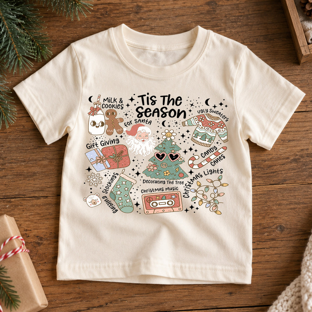 Tis the Season Kids Christmas Shirt, Santa Holiday Traditions Tee, Retro Christmas Collage Shirt for Kids, Cute Festive Holiday Outfit — product view 7