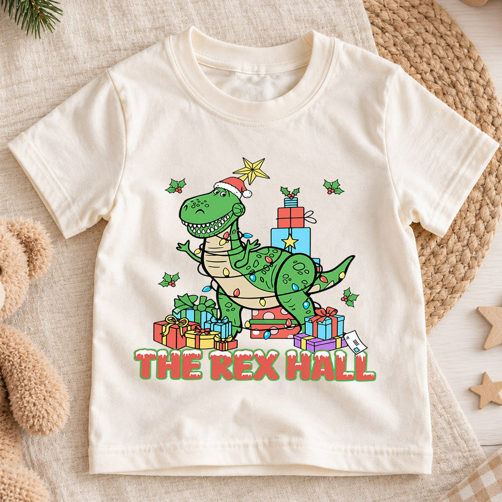 T Rex Hall Christmas Kids Shirt, Dinosaur Christmas Tee, Funny T Rex Holiday Shirt for Boys and Girls, Cute Dino Christmas Outfit and Gift — product view 1