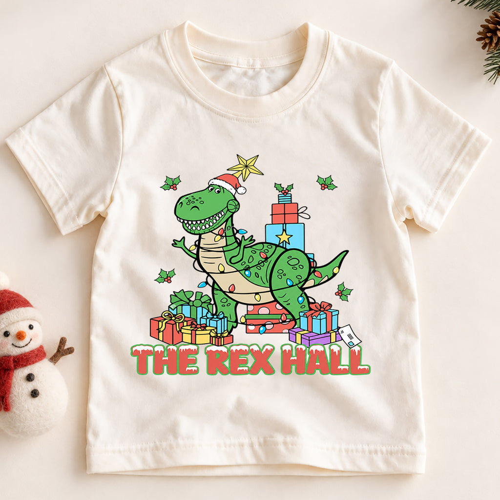 T Rex Hall Christmas Kids Shirt, Dinosaur Christmas Tee, Funny T Rex Holiday Shirt for Boys and Girls, Cute Dino Christmas Outfit and Gift — product view 2