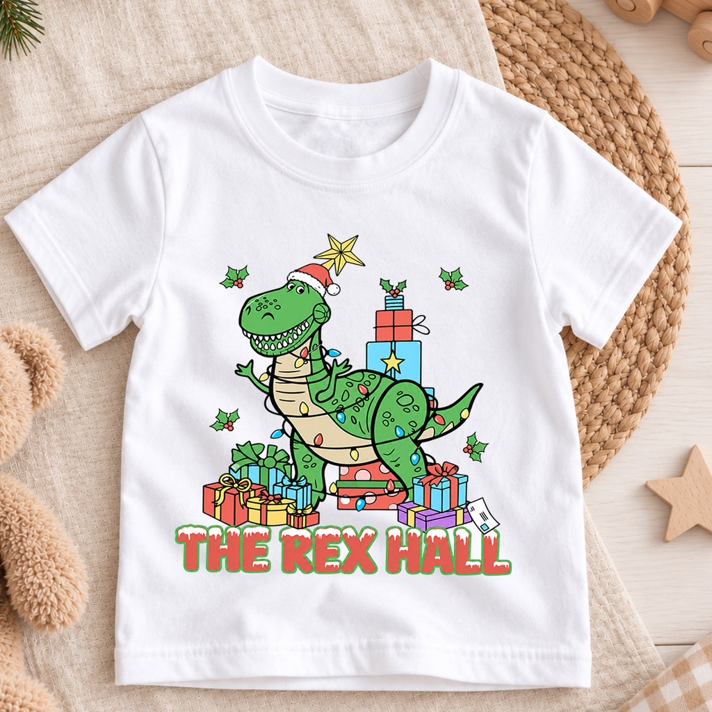 T Rex Hall Christmas Kids Shirt, Dinosaur Christmas Tee, Funny T Rex Holiday Shirt for Boys and Girls, Cute Dino Christmas Outfit and Gift — product view 3