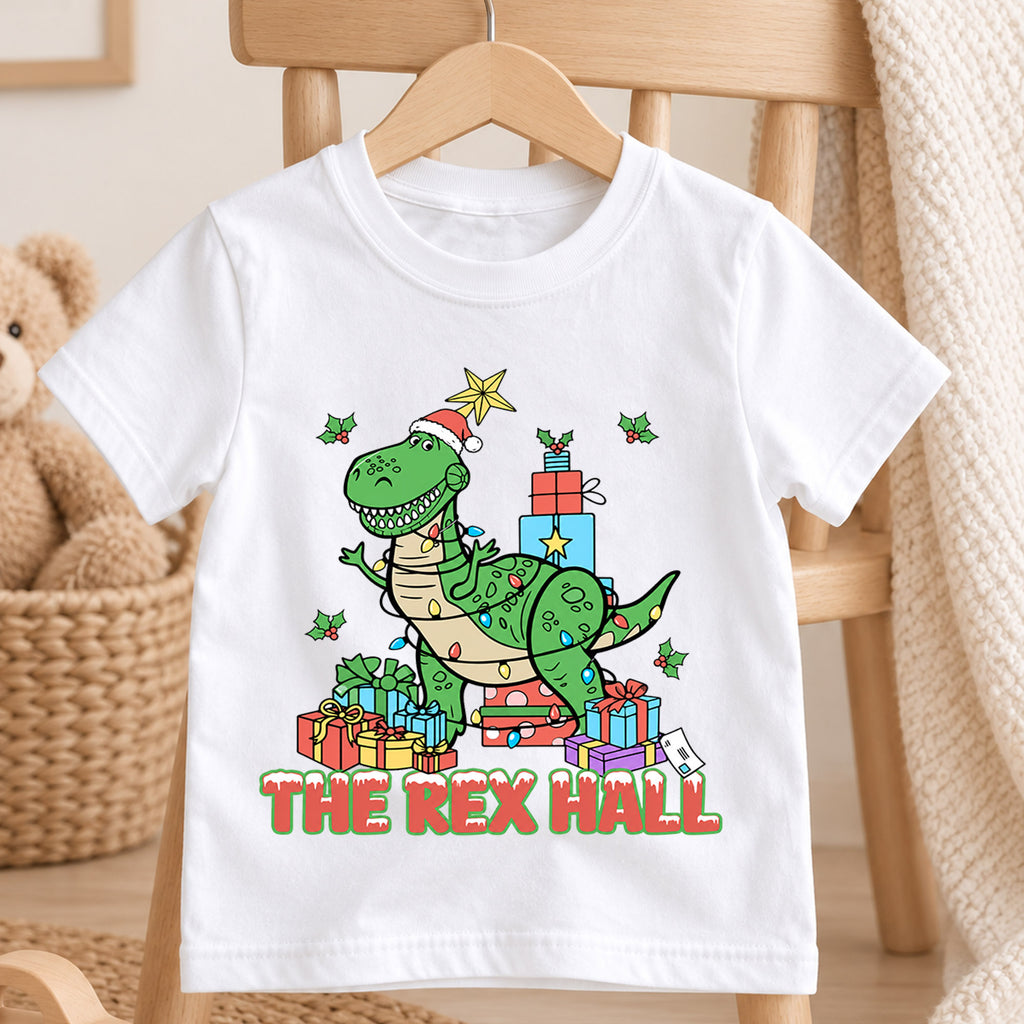 T Rex Hall Christmas Kids Shirt, Dinosaur Christmas Tee, Funny T Rex Holiday Shirt for Boys and Girls, Cute Dino Christmas Outfit and Gift — product view 4