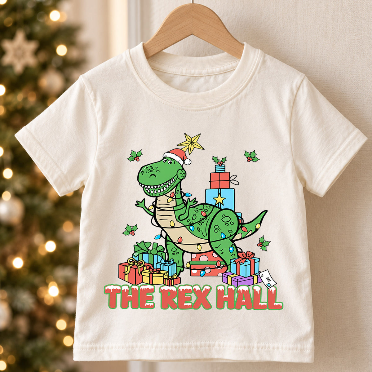 T Rex Hall Christmas Kids Shirt, Dinosaur Christmas Tee, Funny T Rex Holiday Shirt for Boys and Girls, Cute Dino Christmas Outfit and Gift — product view 5