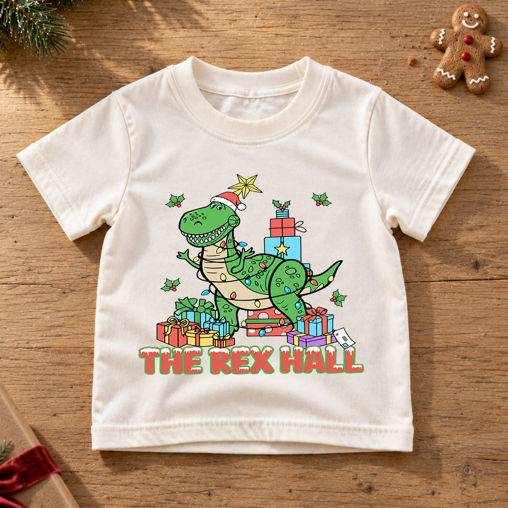 T Rex Hall Christmas Kids Shirt, Dinosaur Christmas Tee, Funny T Rex Holiday Shirt for Boys and Girls, Cute Dino Christmas Outfit and Gift — product view 6