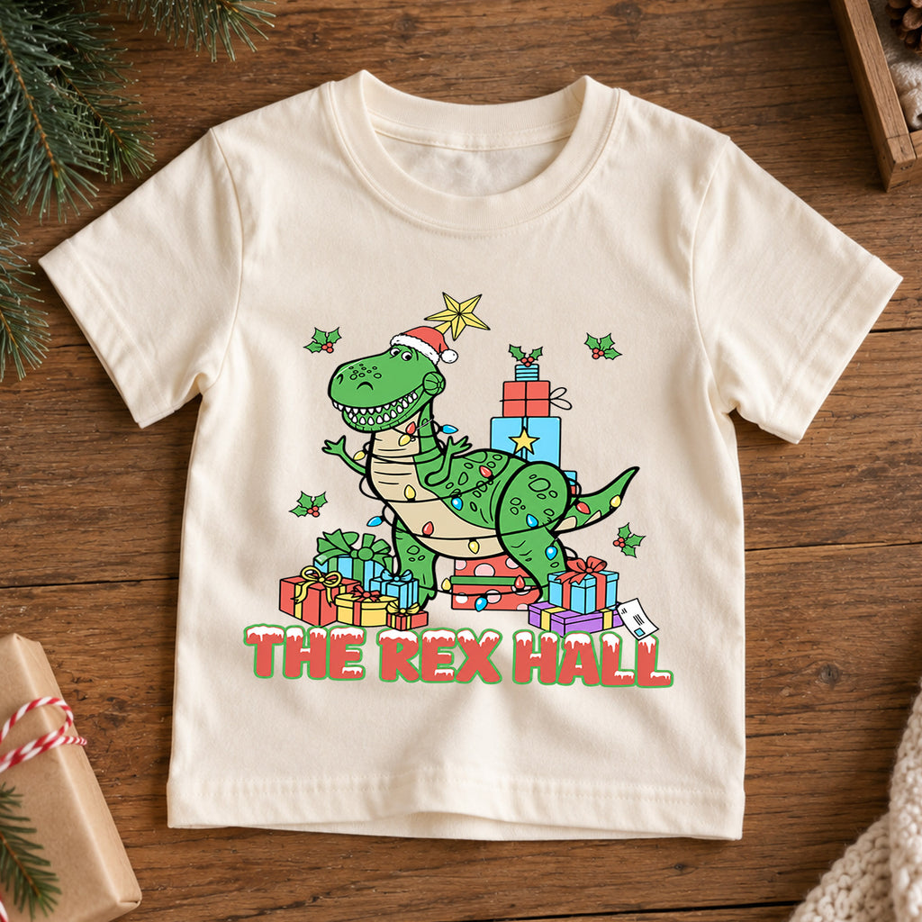 T Rex Hall Christmas Kids Shirt, Dinosaur Christmas Tee, Funny T Rex Holiday Shirt for Boys and Girls, Cute Dino Christmas Outfit and Gift — product view 7