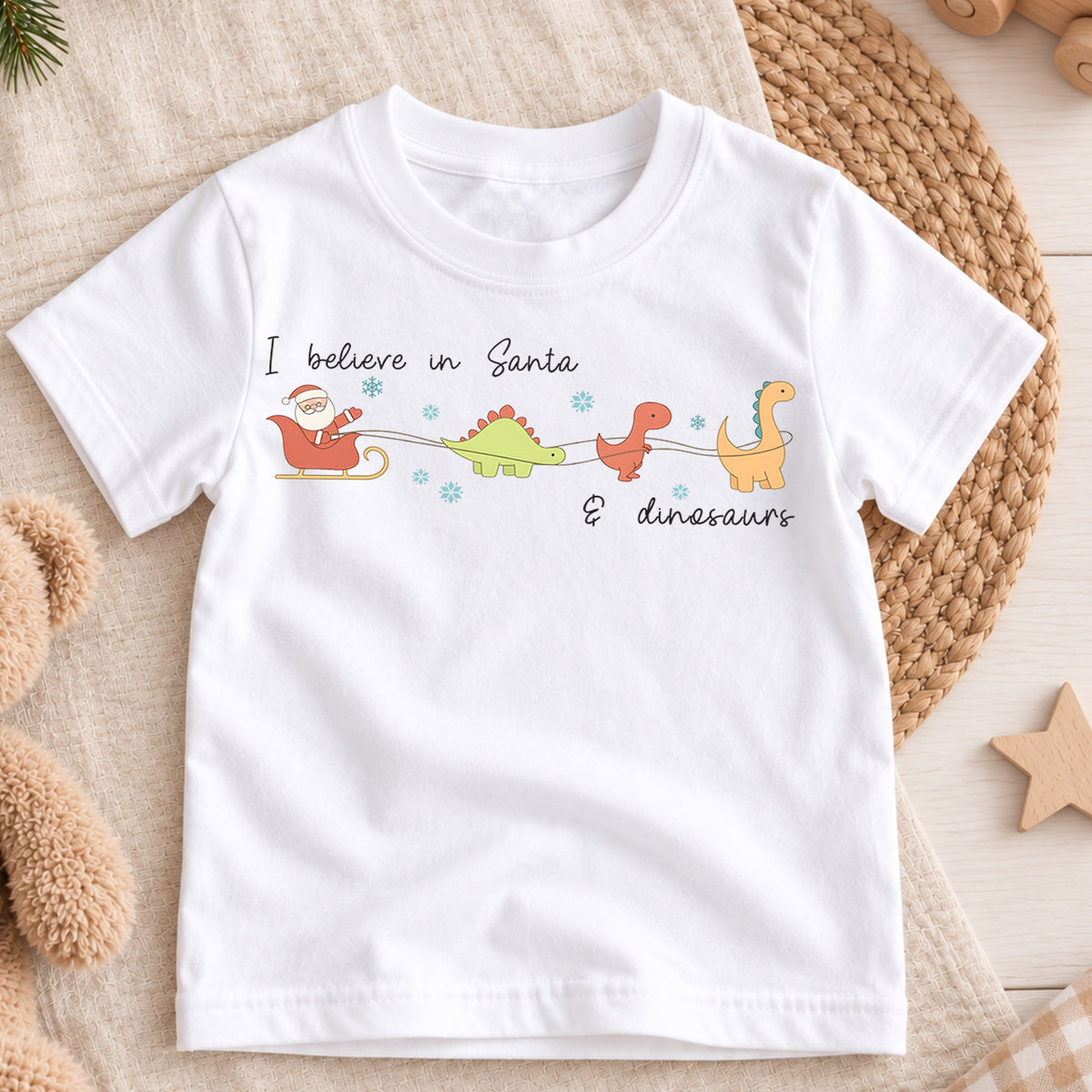 I Believe in Santa and Dinosaurs Kids Shirt, Funny Dinosaur Christmas Tee, Cute Minimal Holiday T Shirt for Kids — product view 3