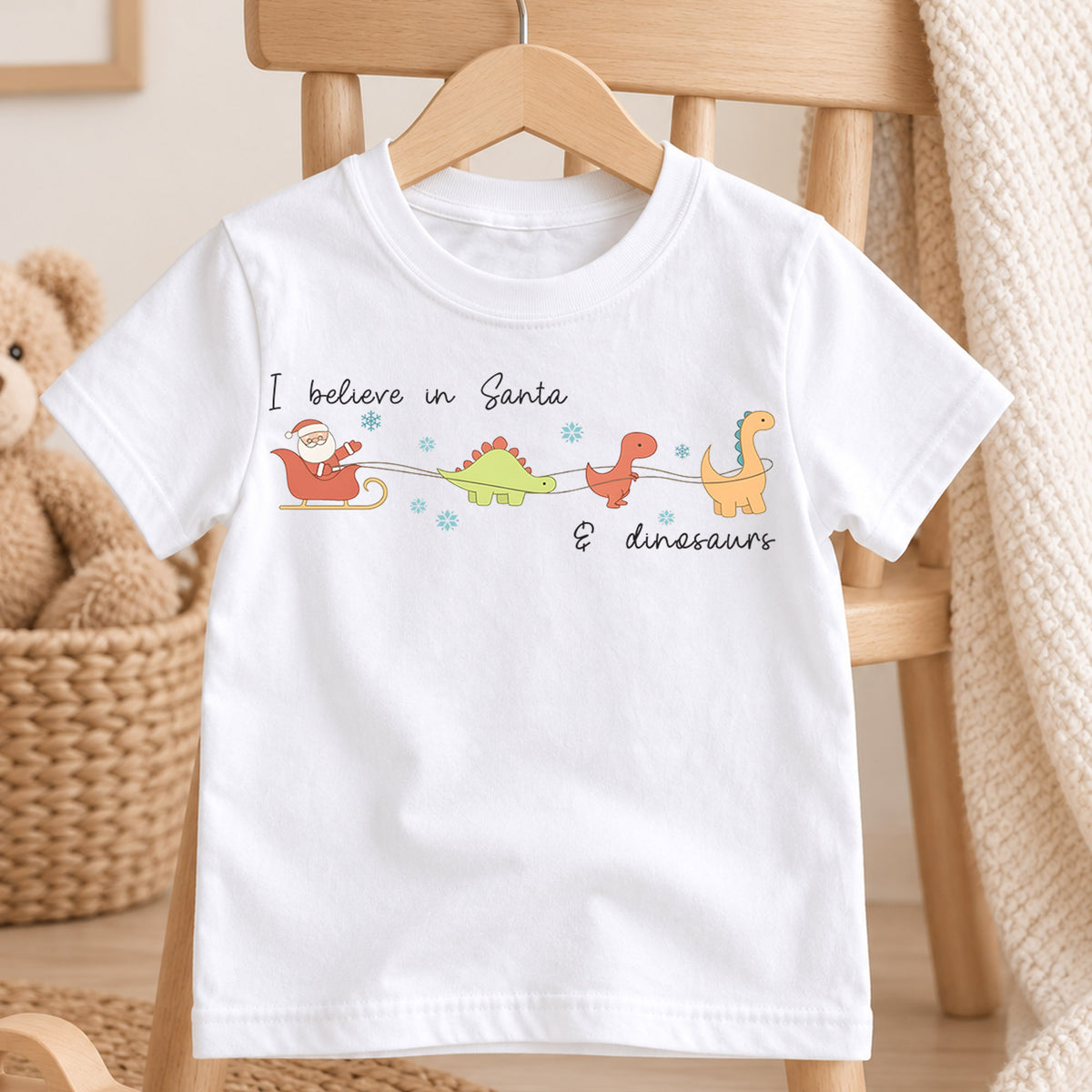 I Believe in Santa and Dinosaurs Kids Shirt, Funny Dinosaur Christmas Tee, Cute Minimal Holiday T Shirt for Kids — product view 4