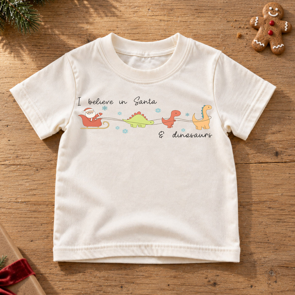 I Believe in Santa and Dinosaurs Kids Shirt, Funny Dinosaur Christmas Tee, Cute Minimal Holiday T Shirt for Kids — product view 6