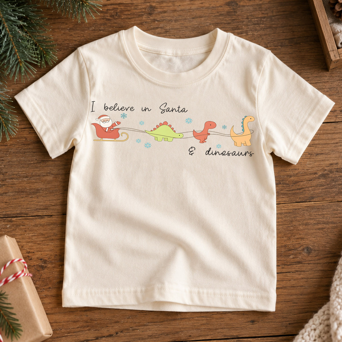 I Believe in Santa and Dinosaurs Kids Shirt, Funny Dinosaur Christmas Tee, Cute Minimal Holiday T Shirt for Kids — product view 7