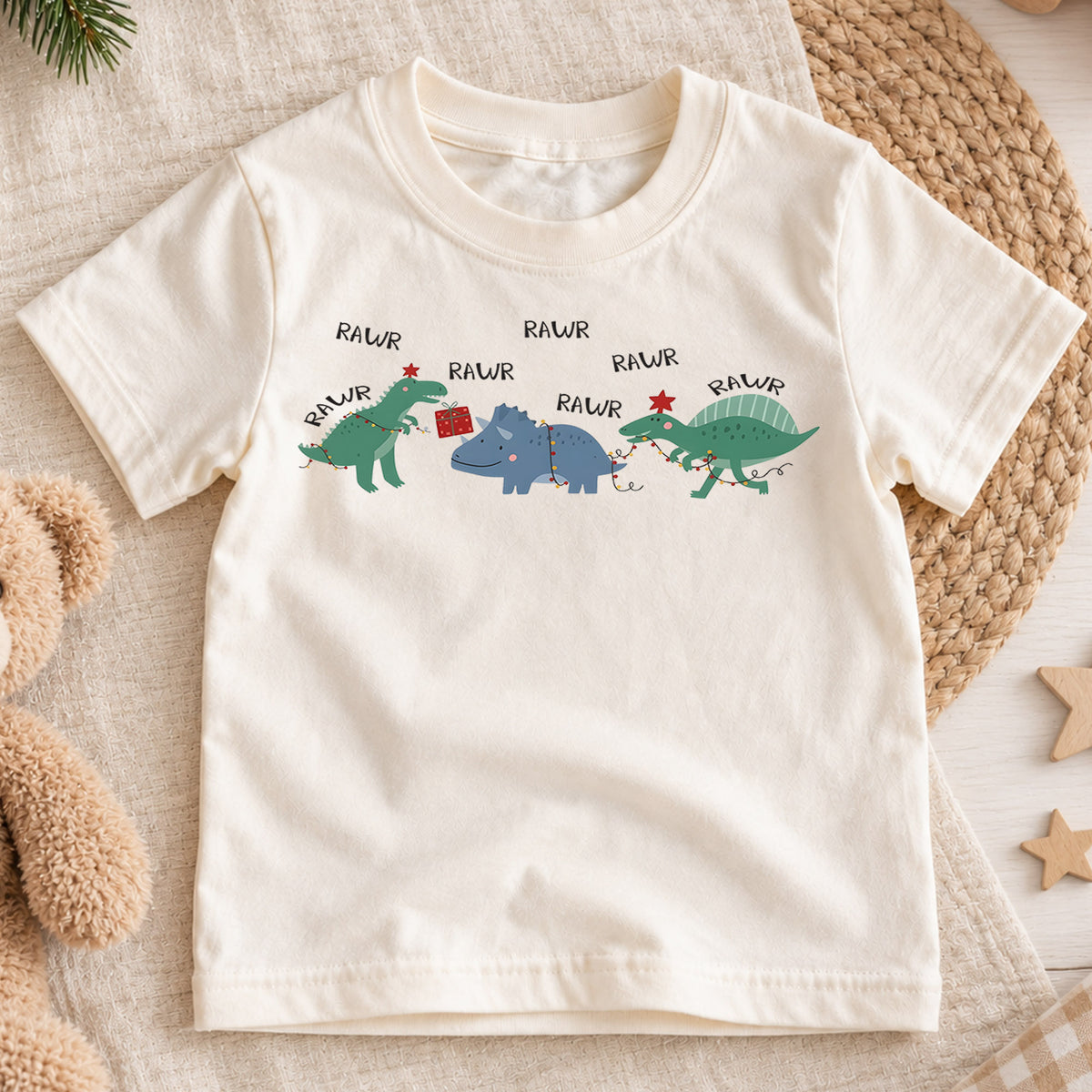 Rawr Dinosaur Christmas Kids Shirt, Funny Dino Holiday Tee, Christmas Lights Dinosaur T Shirt, Cute Xmas Gift for Kids — product view 1