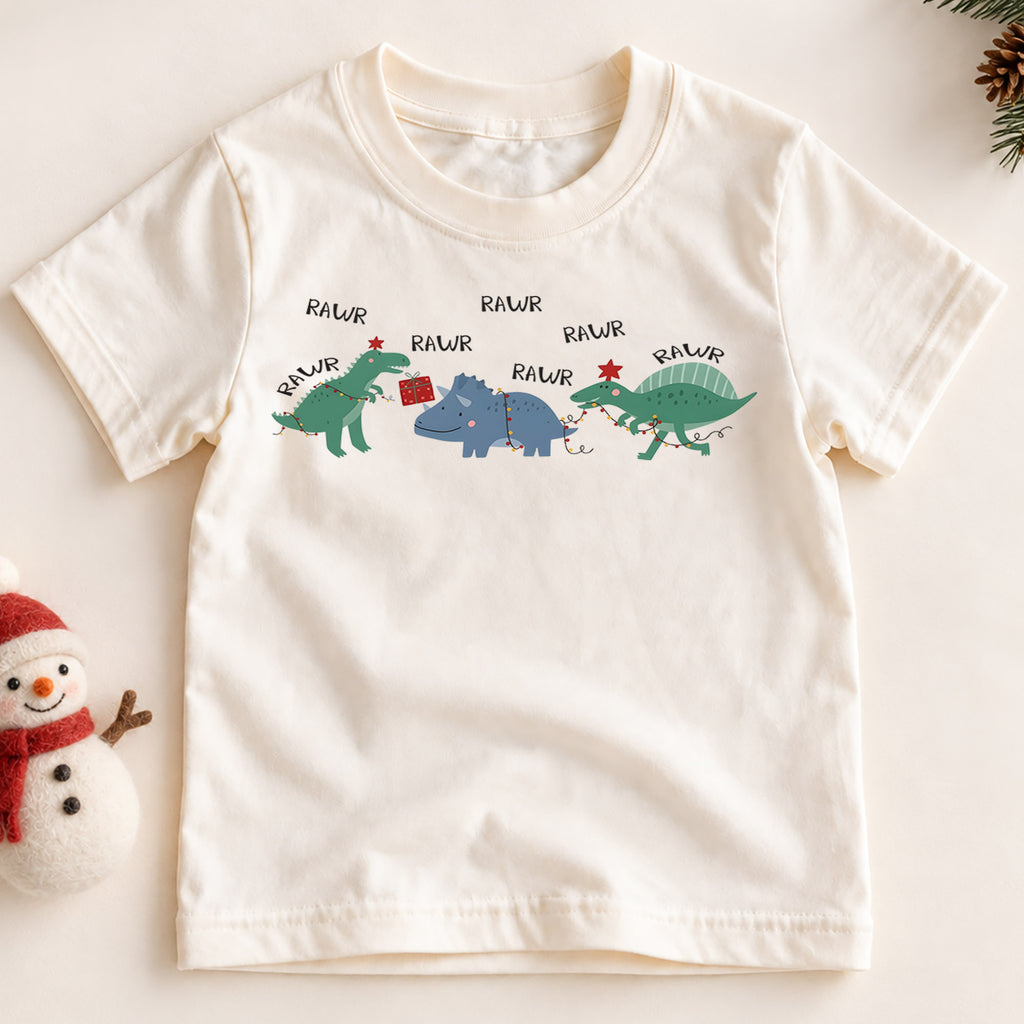 Rawr Dinosaur Christmas Kids Shirt, Funny Dino Holiday Tee, Christmas Lights Dinosaur T Shirt, Cute Xmas Gift for Kids — product view 2