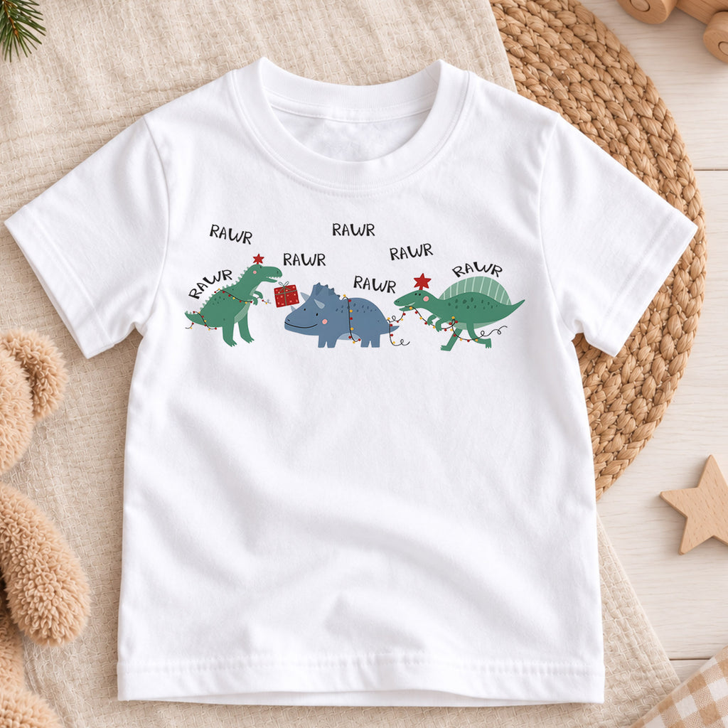 Rawr Dinosaur Christmas Kids Shirt, Funny Dino Holiday Tee, Christmas Lights Dinosaur T Shirt, Cute Xmas Gift for Kids — product view 3