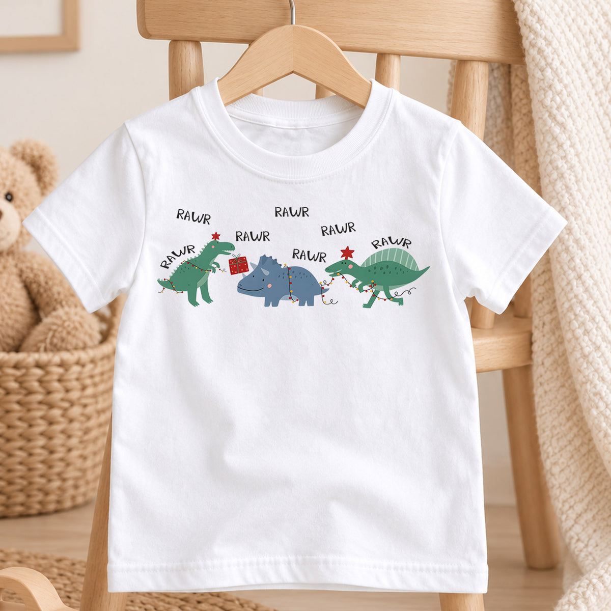 Rawr Dinosaur Christmas Kids Shirt, Funny Dino Holiday Tee, Christmas Lights Dinosaur T Shirt, Cute Xmas Gift for Kids — product view 4