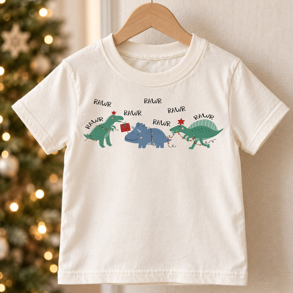 Rawr Dinosaur Christmas Kids Shirt, Funny Dino Holiday Tee, Christmas Lights Dinosaur T Shirt, Cute Xmas Gift for Kids — product view 5