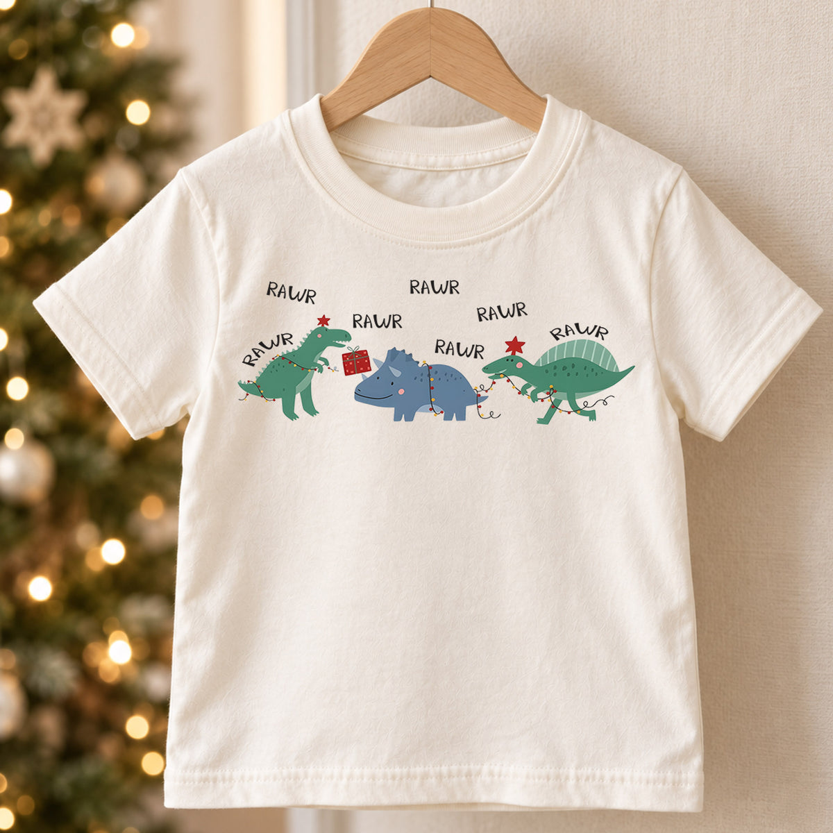 Rawr Dinosaur Christmas Kids Shirt, Funny Dino Holiday Tee, Christmas Lights Dinosaur T Shirt, Cute Xmas Gift for Kids — product view 5