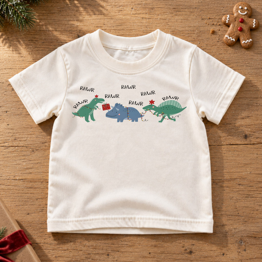 Rawr Dinosaur Christmas Kids Shirt, Funny Dino Holiday Tee, Christmas Lights Dinosaur T Shirt, Cute Xmas Gift for Kids — product view 6