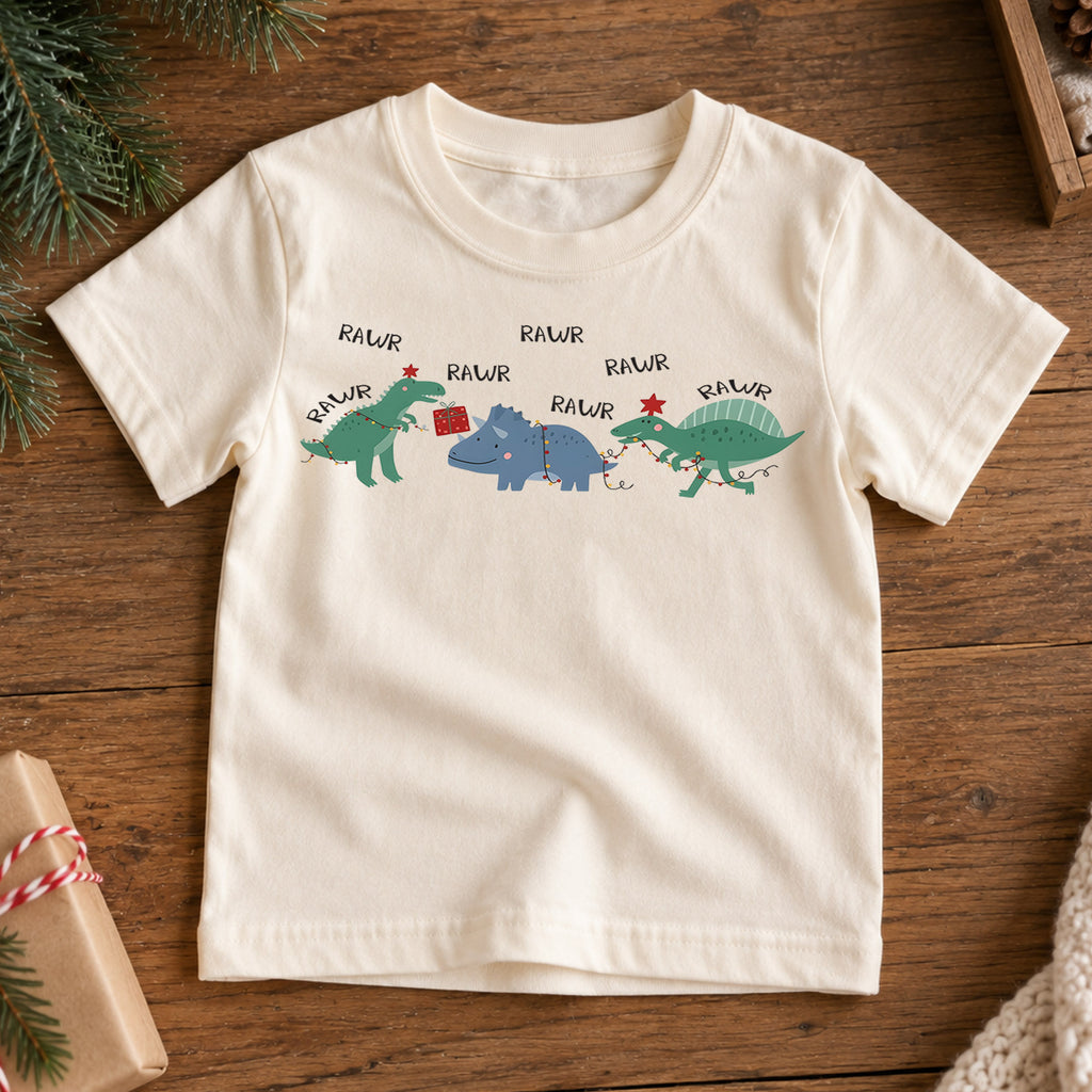 Rawr Dinosaur Christmas Kids Shirt, Funny Dino Holiday Tee, Christmas Lights Dinosaur T Shirt, Cute Xmas Gift for Kids — product view 7