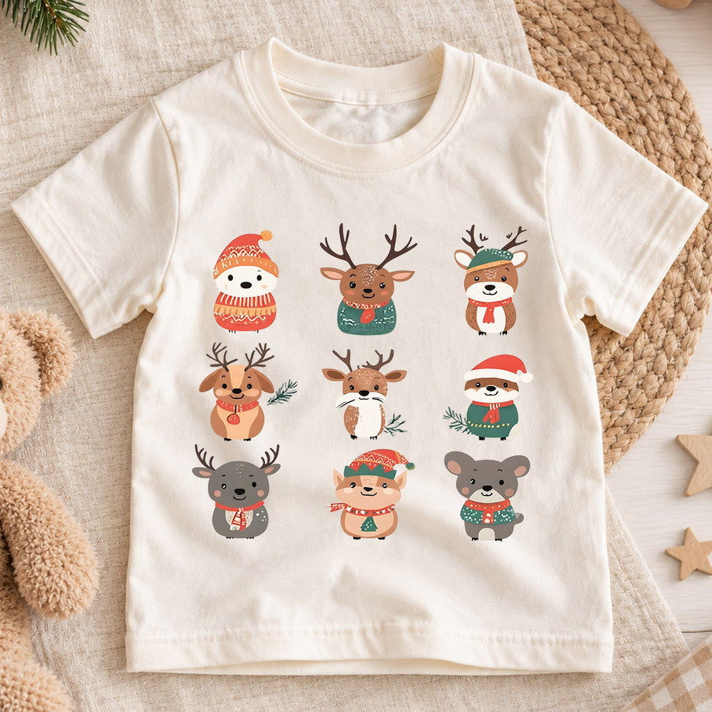 Christmas Woodland Animals Kids Shirt, Cute Reindeer Holiday Tee, Winter Animal Christmas Shirt for Kids, Festive Christmas Outfit and Gift — product view 1