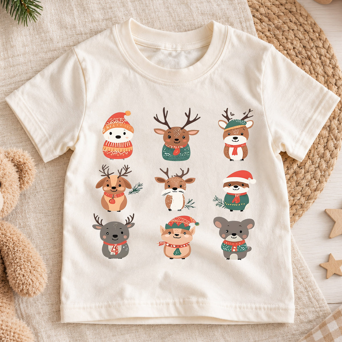 Christmas Woodland Animals Kids Shirt, Cute Reindeer Holiday Tee, Winter Animal Christmas Shirt for Kids, Festive Christmas Outfit and Gift — product view 1