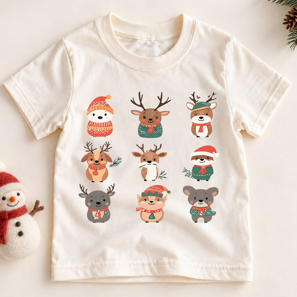 Christmas Woodland Animals Kids Shirt, Cute Reindeer Holiday Tee, Winter Animal Christmas Shirt for Kids, Festive Christmas Outfit and Gift — product view 2