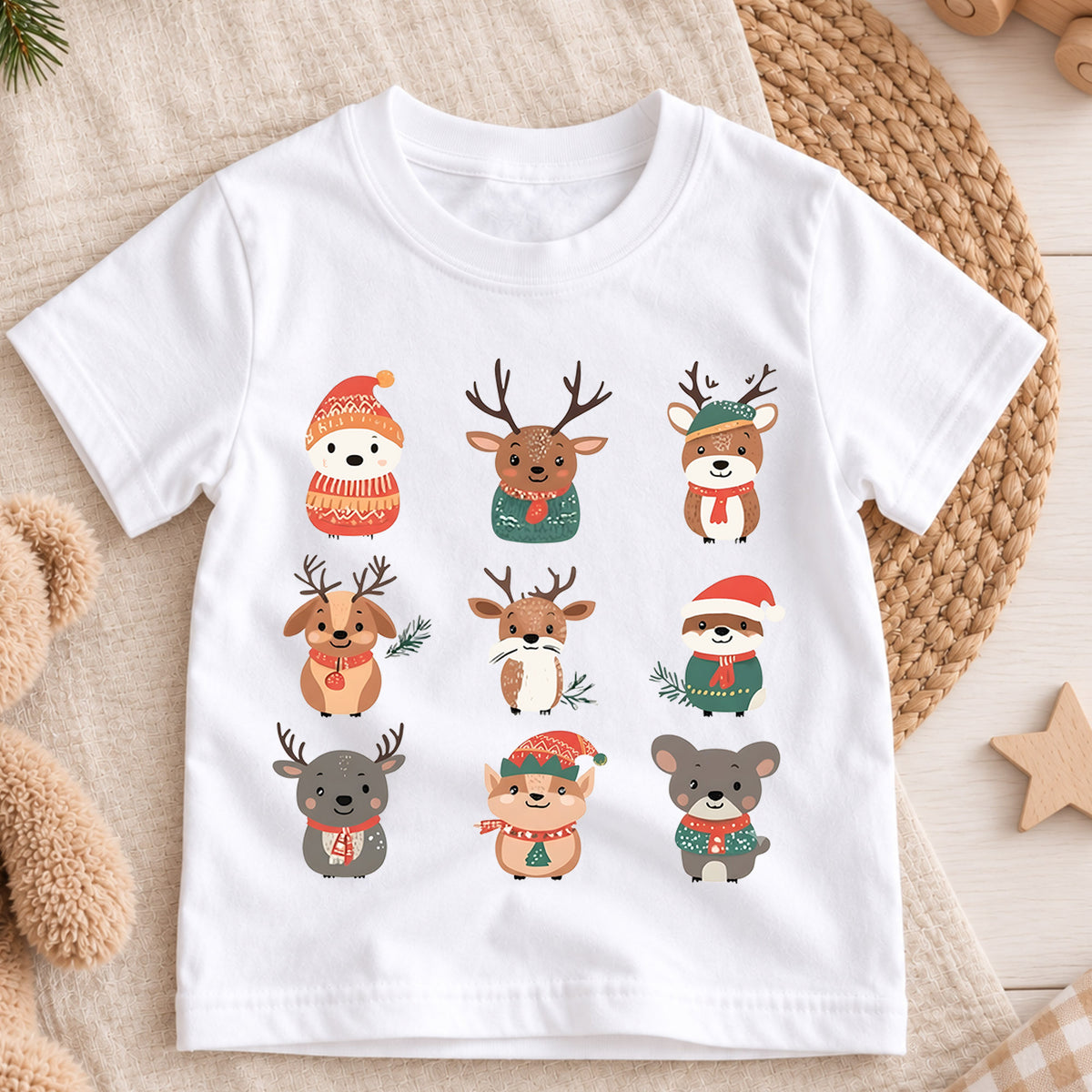 Christmas Woodland Animals Kids Shirt, Cute Reindeer Holiday Tee, Winter Animal Christmas Shirt for Kids, Festive Christmas Outfit and Gift — product view 3