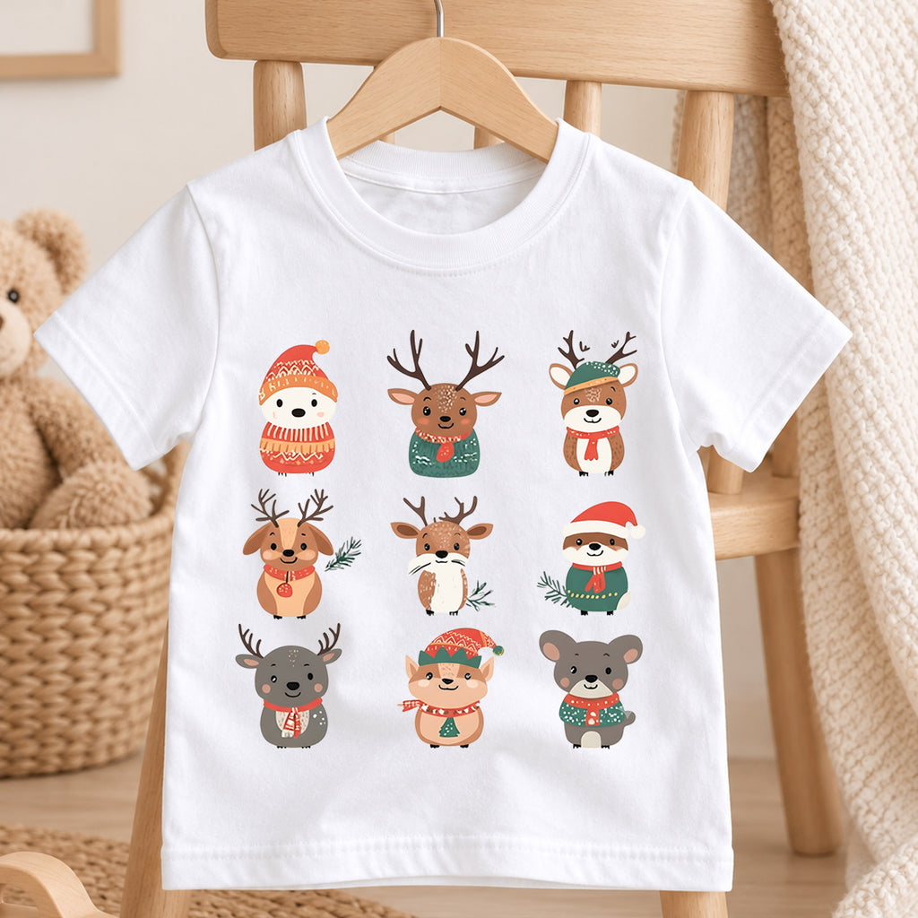 Christmas Woodland Animals Kids Shirt, Cute Reindeer Holiday Tee, Winter Animal Christmas Shirt for Kids, Festive Christmas Outfit and Gift — product view 4