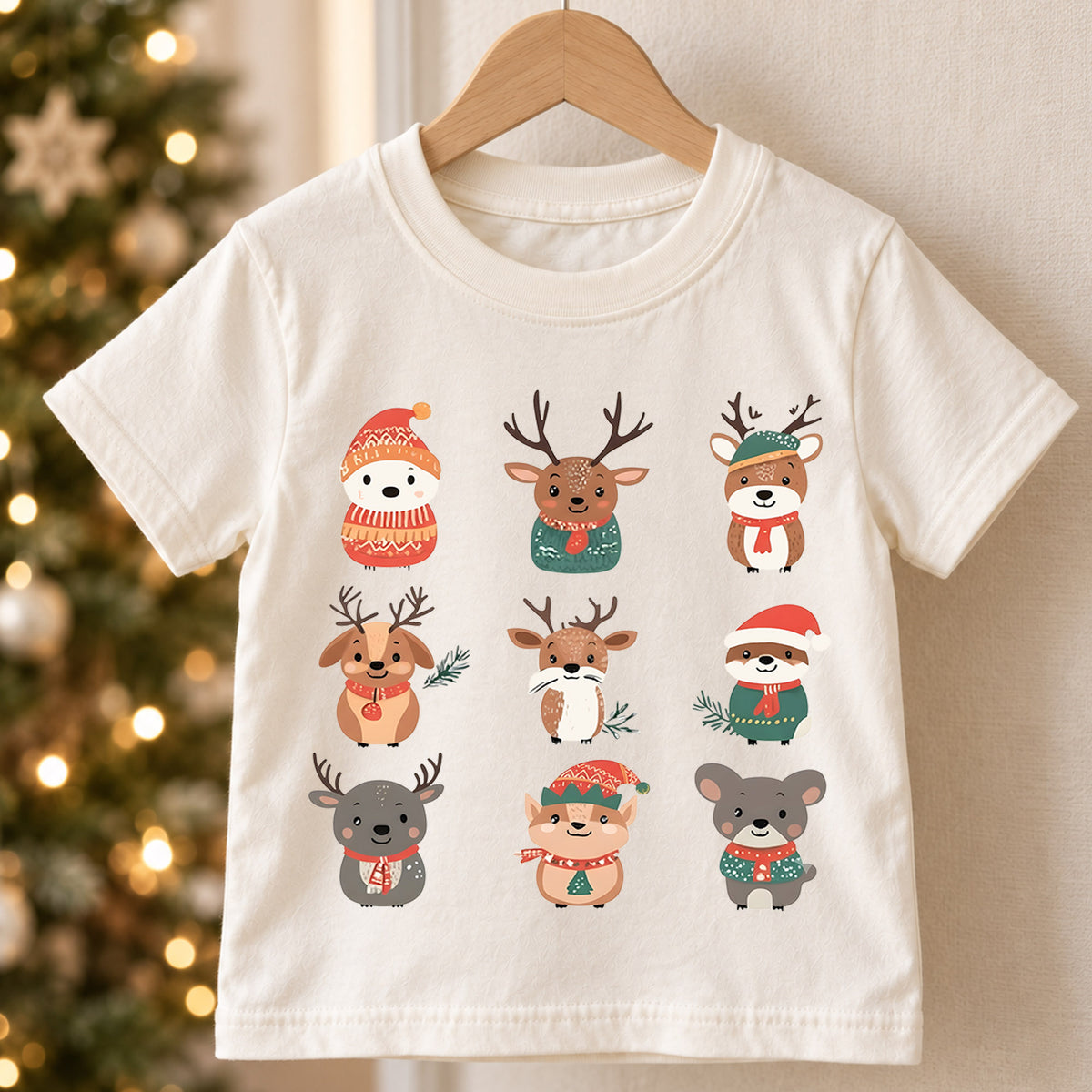 Christmas Woodland Animals Kids Shirt, Cute Reindeer Holiday Tee, Winter Animal Christmas Shirt for Kids, Festive Christmas Outfit and Gift — product view 5