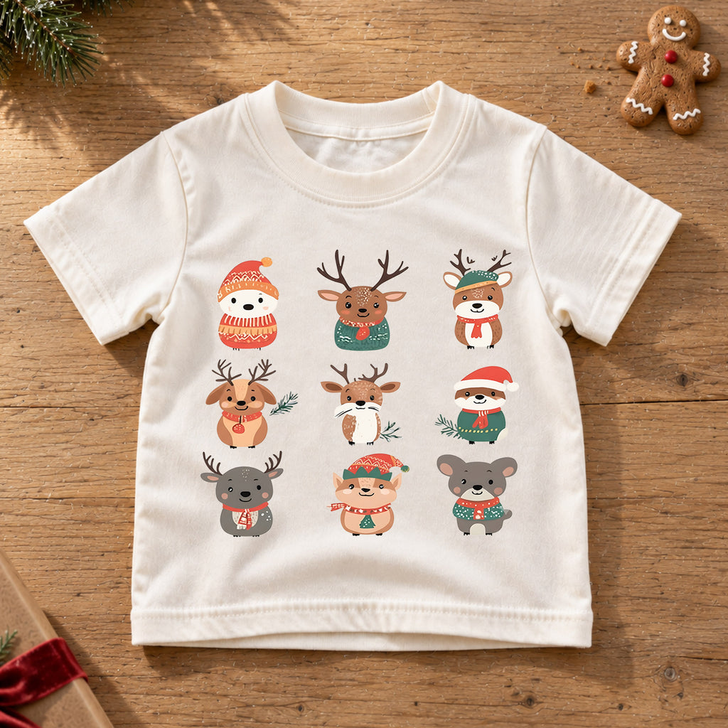 Christmas Woodland Animals Kids Shirt, Cute Reindeer Holiday Tee, Winter Animal Christmas Shirt for Kids, Festive Christmas Outfit and Gift — product view 6