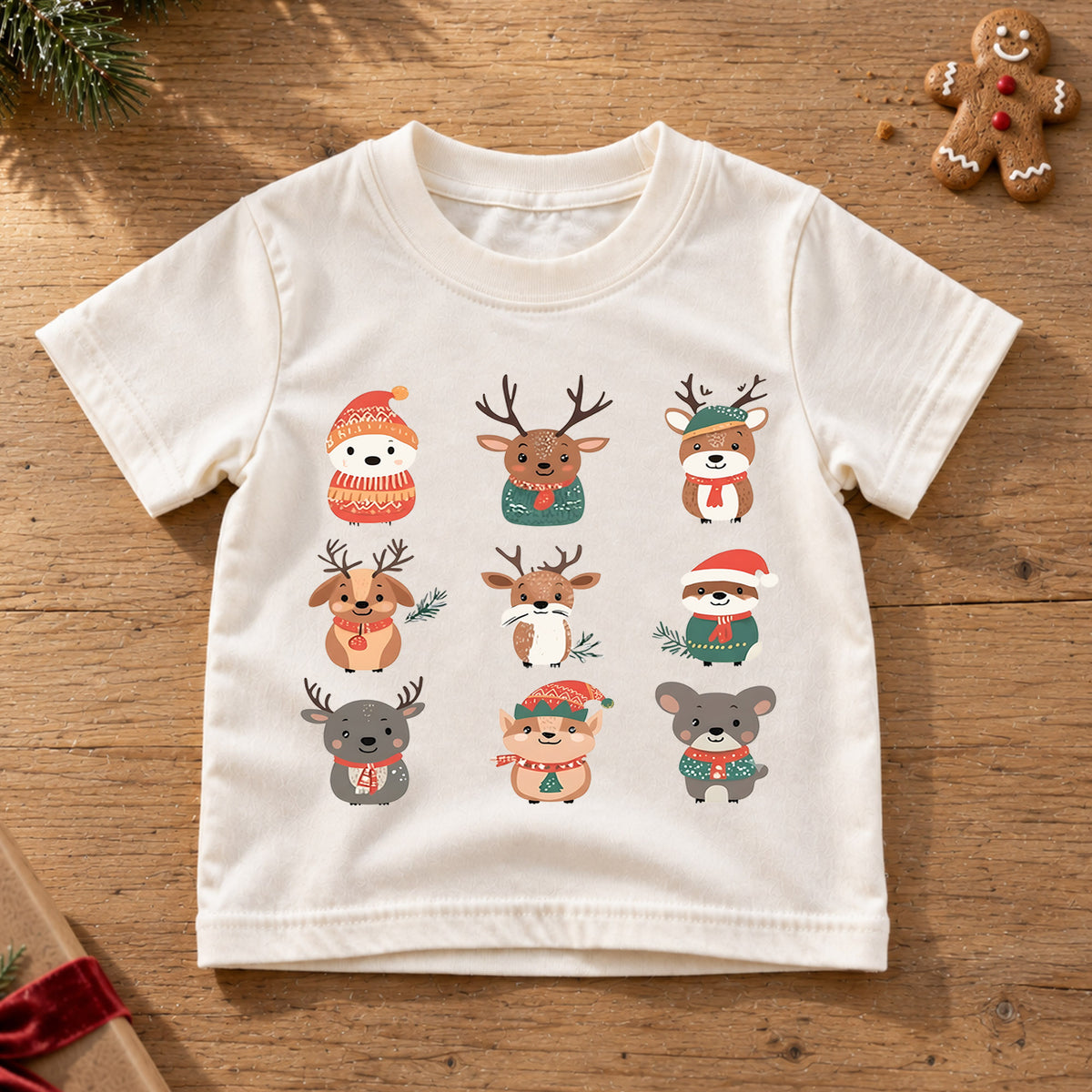 Christmas Woodland Animals Kids Shirt, Cute Reindeer Holiday Tee, Winter Animal Christmas Shirt for Kids, Festive Christmas Outfit and Gift — product view 6