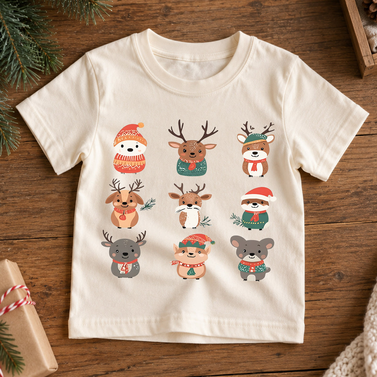 Christmas Woodland Animals Kids Shirt, Cute Reindeer Holiday Tee, Winter Animal Christmas Shirt for Kids, Festive Christmas Outfit and Gift — product view 7