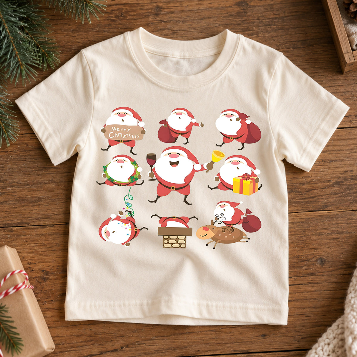 Vintage Santa Merry Christmas Kids Shirt, Retro Santa Holiday T Shirt, Checkerboard Christmas Tee, Cute Xmas Gift for Kids — product view 7