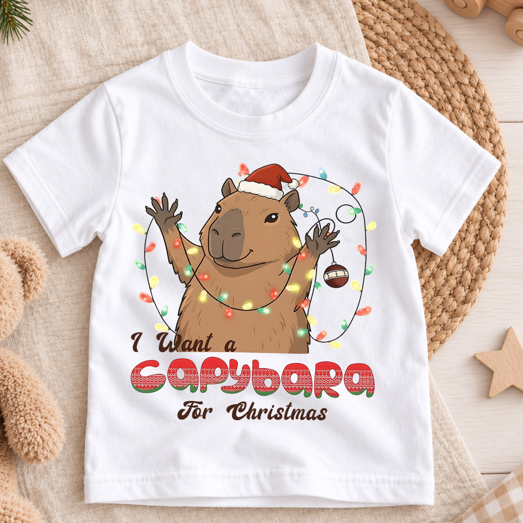 I Want a Capybara for Christmas Kids Shirt, Funny Capybara Holiday Tee, Cute Animal Christmas Shirt, Adorable Festive Gift for Kids — product view 3