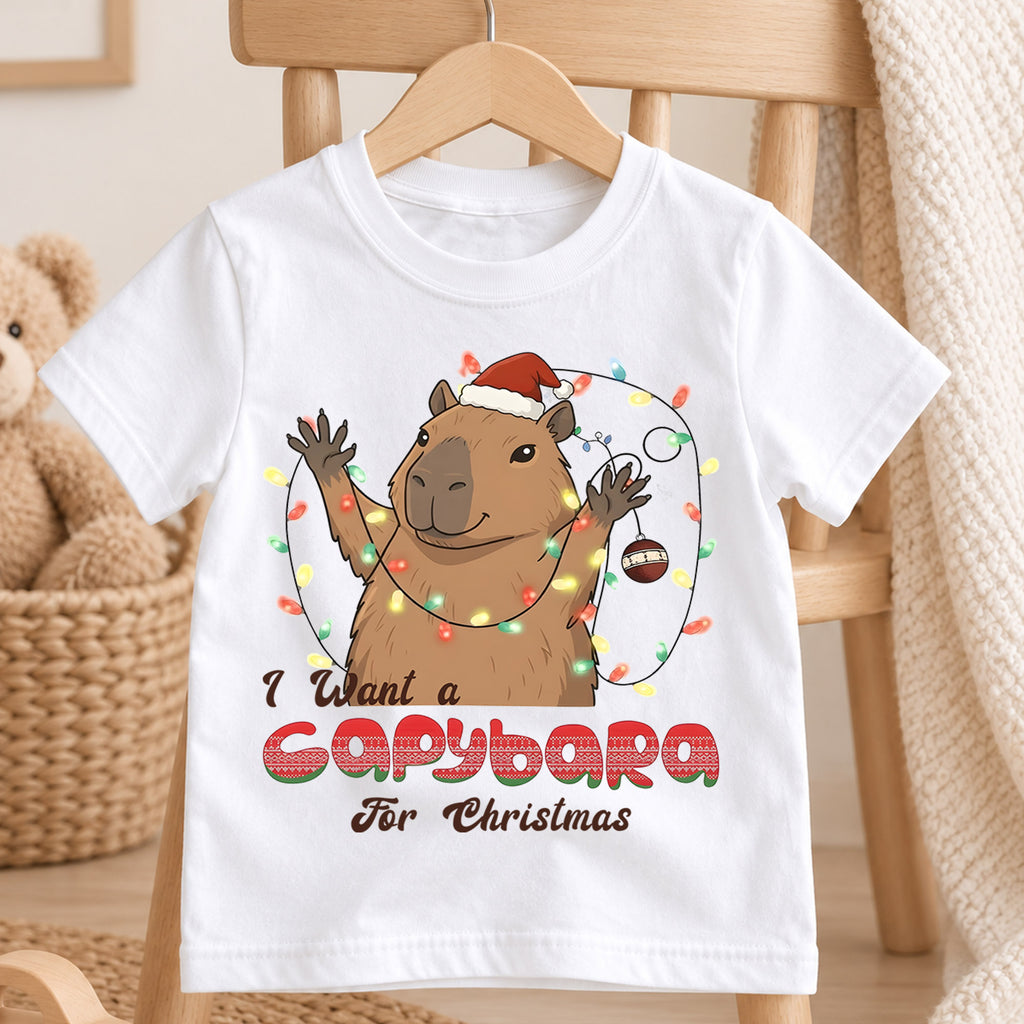 I Want a Capybara for Christmas Kids Shirt, Funny Capybara Holiday Tee, Cute Animal Christmas Shirt, Adorable Festive Gift for Kids — product view 4