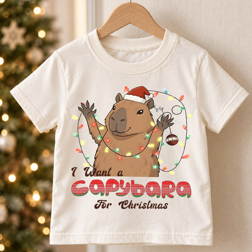 I Want a Capybara for Christmas Kids Shirt, Funny Capybara Holiday Tee, Cute Animal Christmas Shirt, Adorable Festive Gift for Kids — product view 5