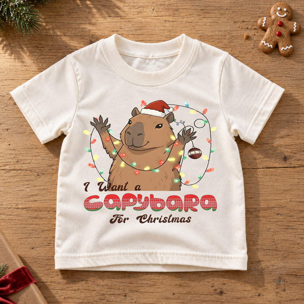 I Want a Capybara for Christmas Kids Shirt, Funny Capybara Holiday Tee, Cute Animal Christmas Shirt, Adorable Festive Gift for Kids — product view 6