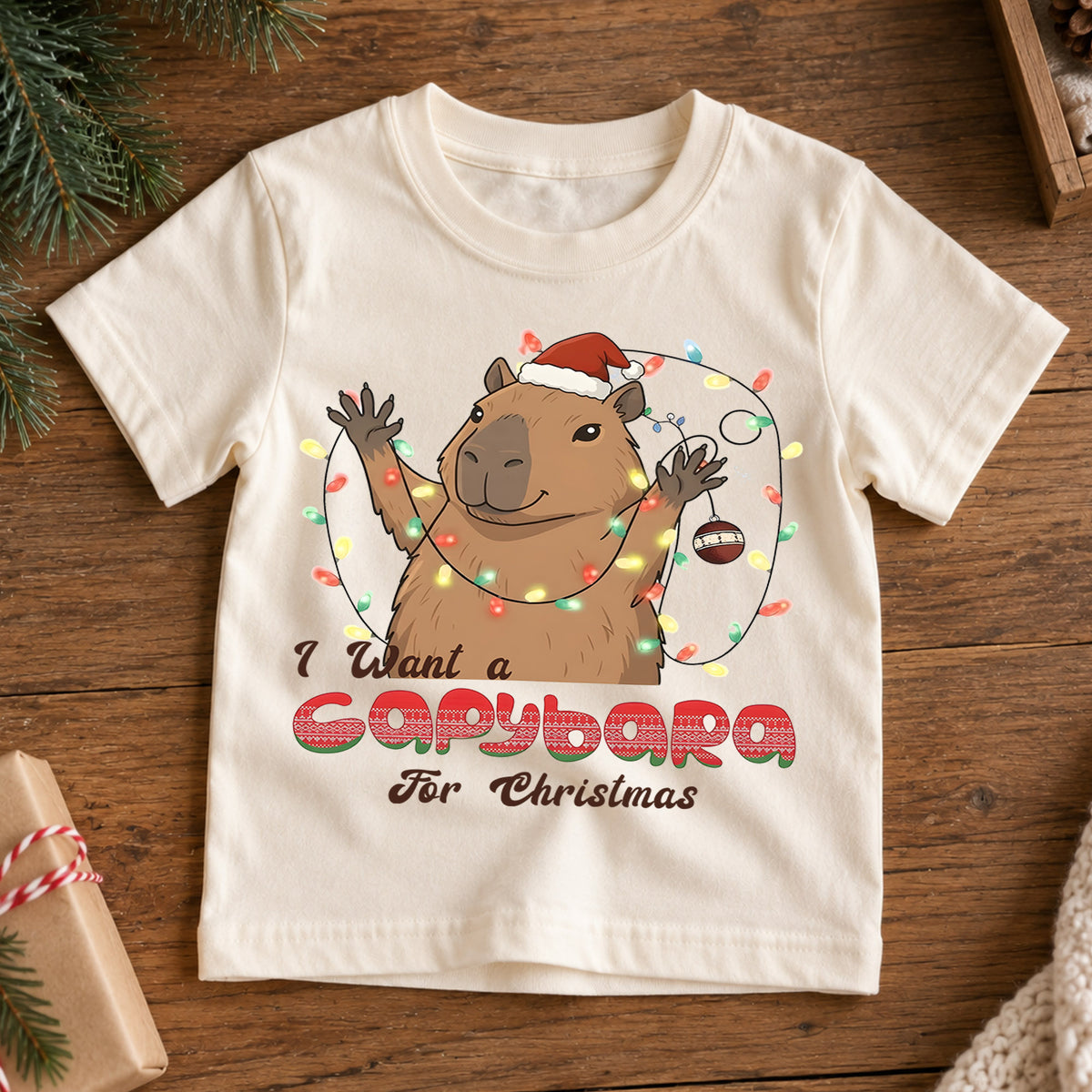 I Want a Capybara for Christmas Kids Shirt, Funny Capybara Holiday Tee, Cute Animal Christmas Shirt, Adorable Festive Gift for Kids — product view 7