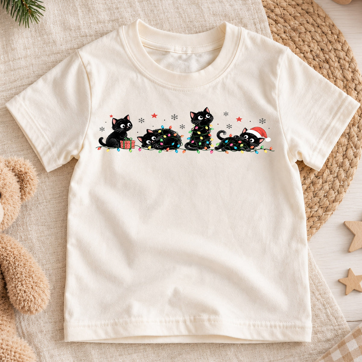 Black Cat Christmas Kids Shirt, Christmas Lights Cat Tee, Funny Holiday Kitty Shirt for Cat Lovers, Cute Festive Christmas Outfit and Gift — product view 1