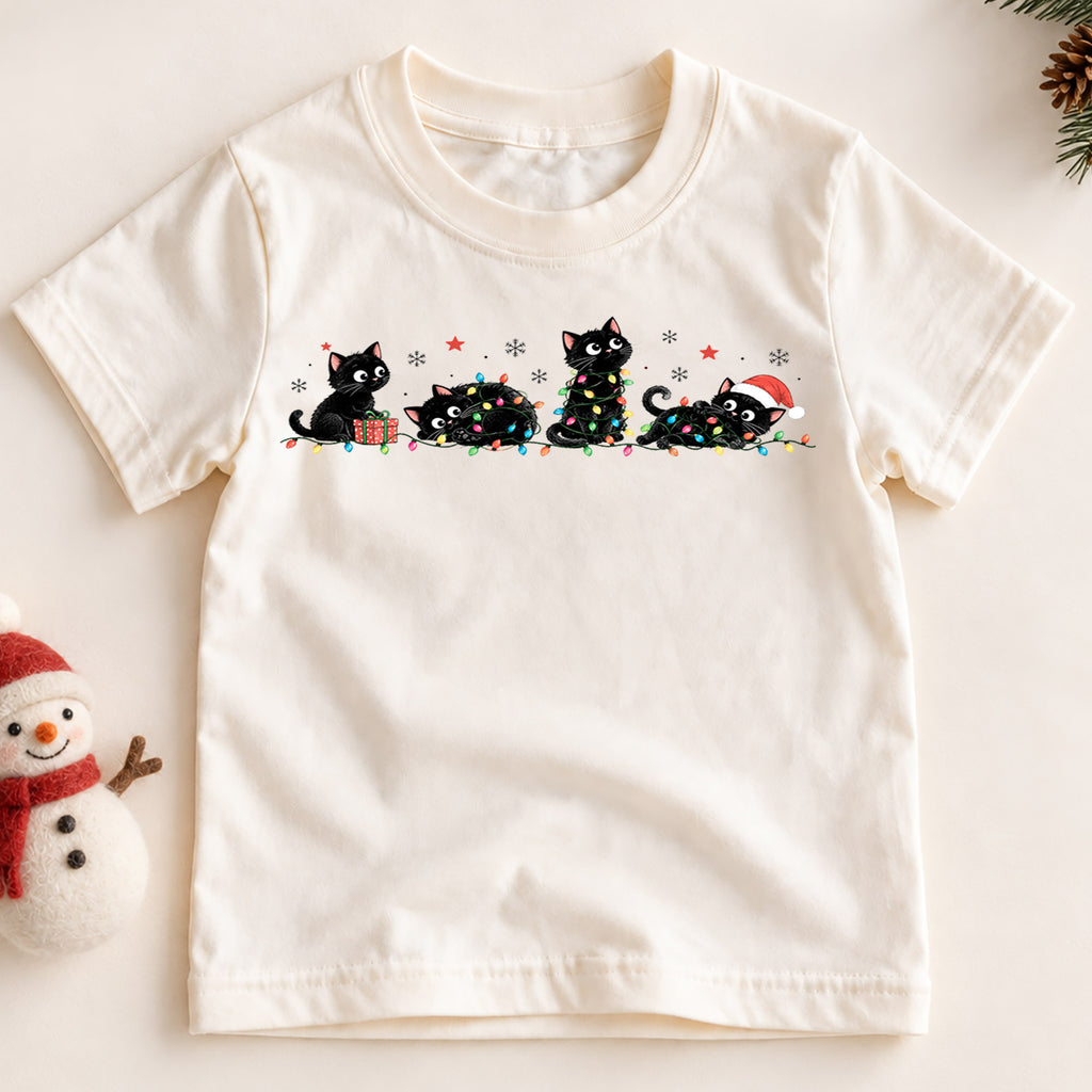 Black Cat Christmas Kids Shirt, Christmas Lights Cat Tee, Funny Holiday Kitty Shirt for Cat Lovers, Cute Festive Christmas Outfit and Gift — product view 2
