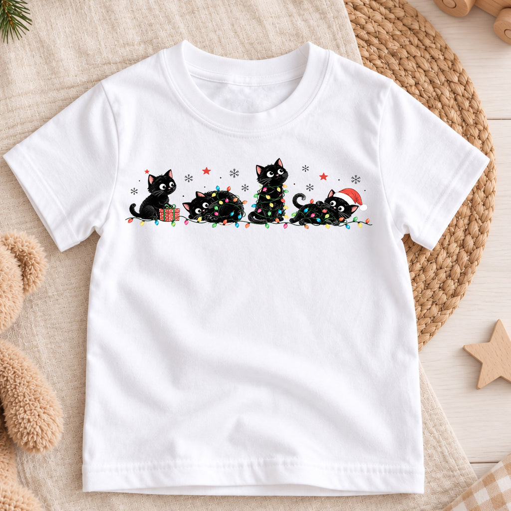 Black Cat Christmas Kids Shirt, Christmas Lights Cat Tee, Funny Holiday Kitty Shirt for Cat Lovers, Cute Festive Christmas Outfit and Gift — product view 3